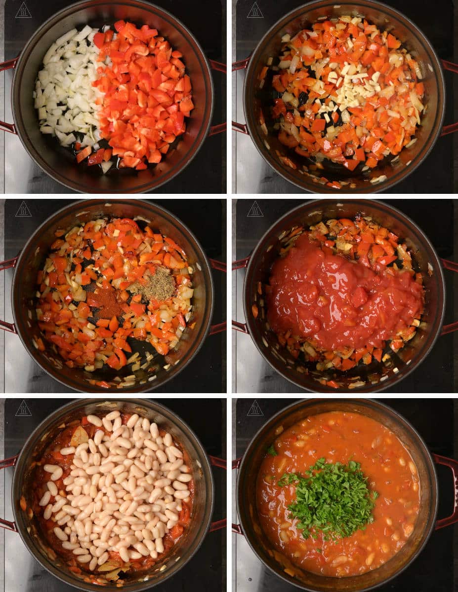 Cooking steps for a Mediterranean dish with beans