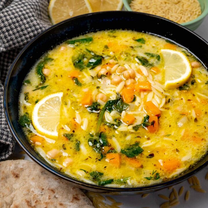 a bowl of vegan avgolemono soup