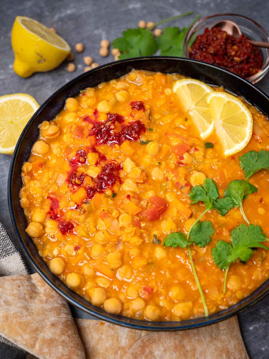 A bowl of lentil and chickpea soup