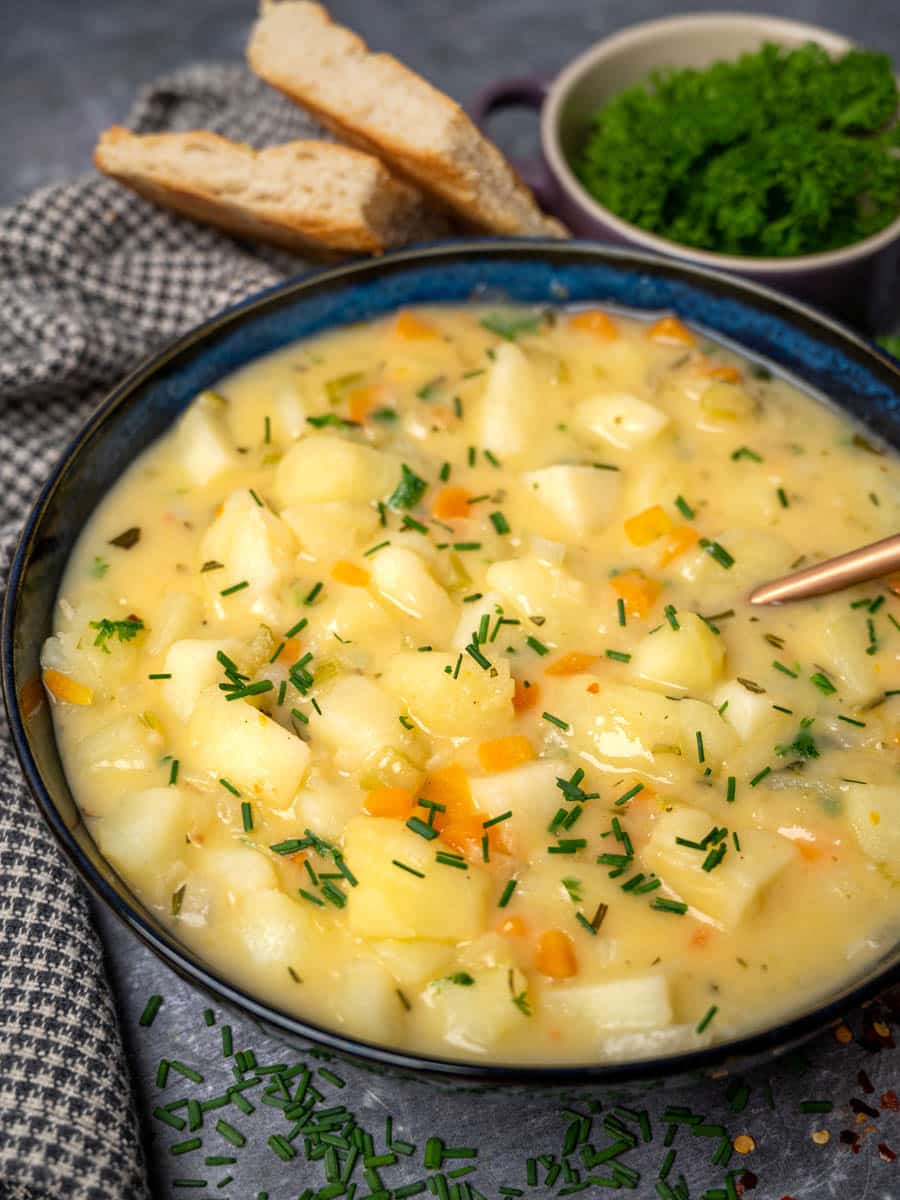 a bowl of vegan potato soup