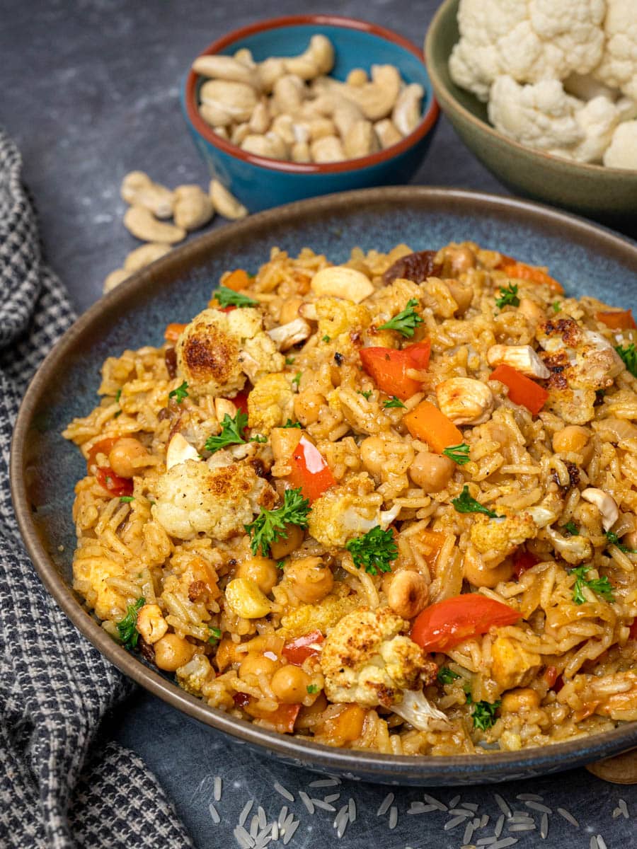 a plate of vegan biryani