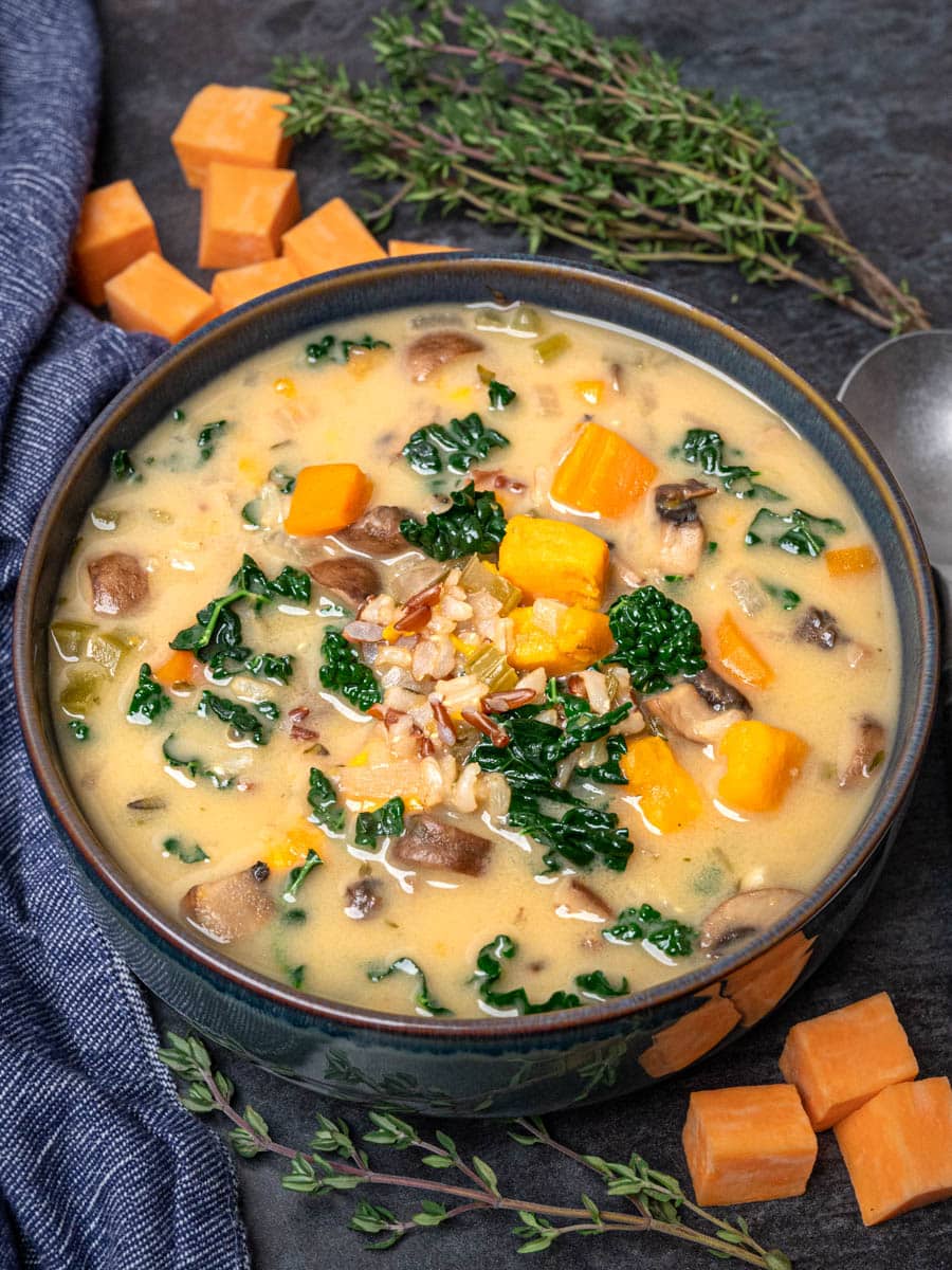 a bowl of vegan wild rice soup