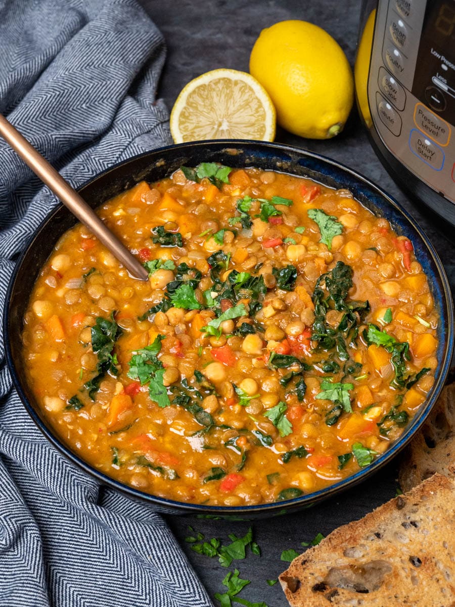 a bowl of instant pot moroccan lentil soup