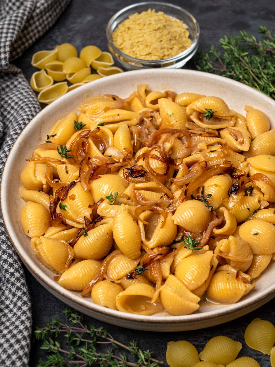a plate of Vegan French Onion Pasta