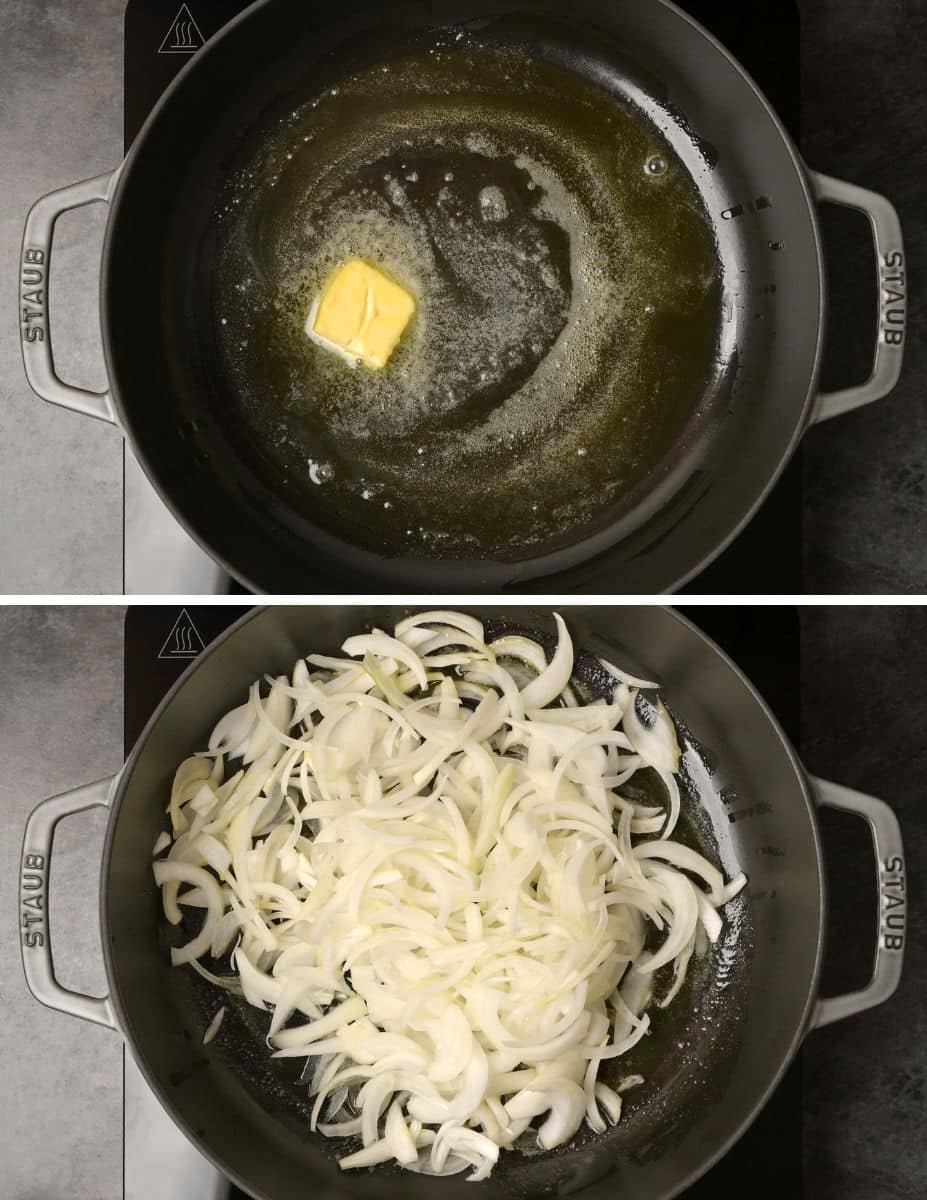 Vegan French Onion Pasta cooking steps