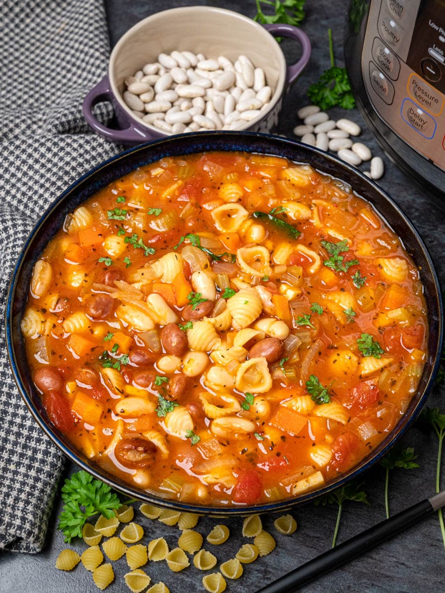 a bowl of instant pot pasta e fagioli