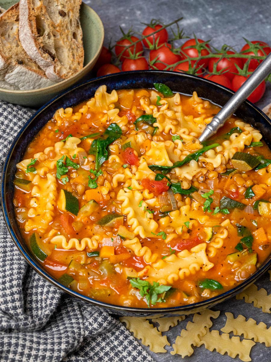 a bowl of vegan lasagna soup