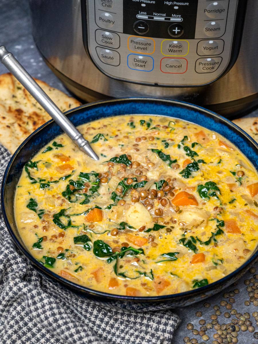 a bowl of coconut curry lentil soup