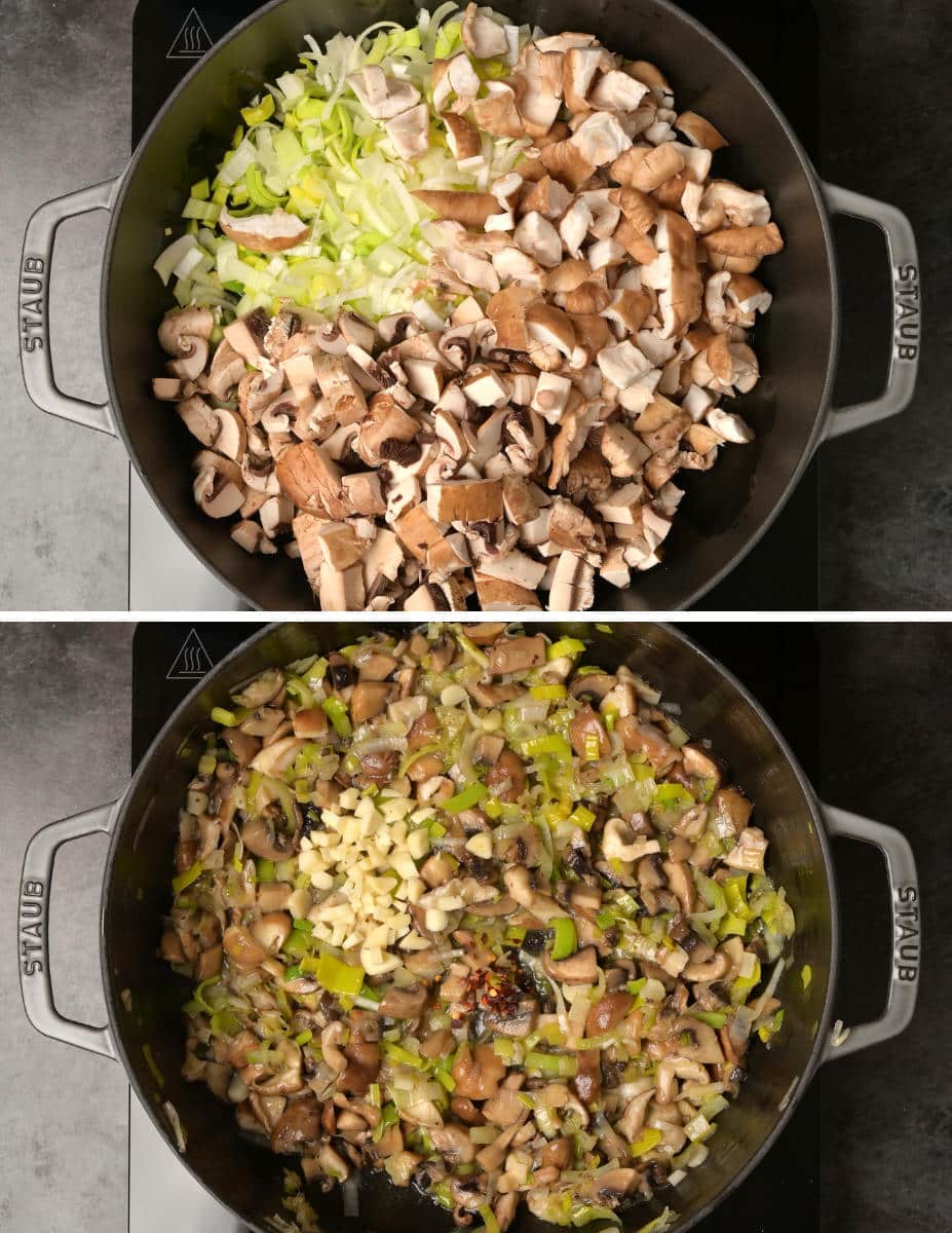 vegan leek and mushroom pasta cooking steps