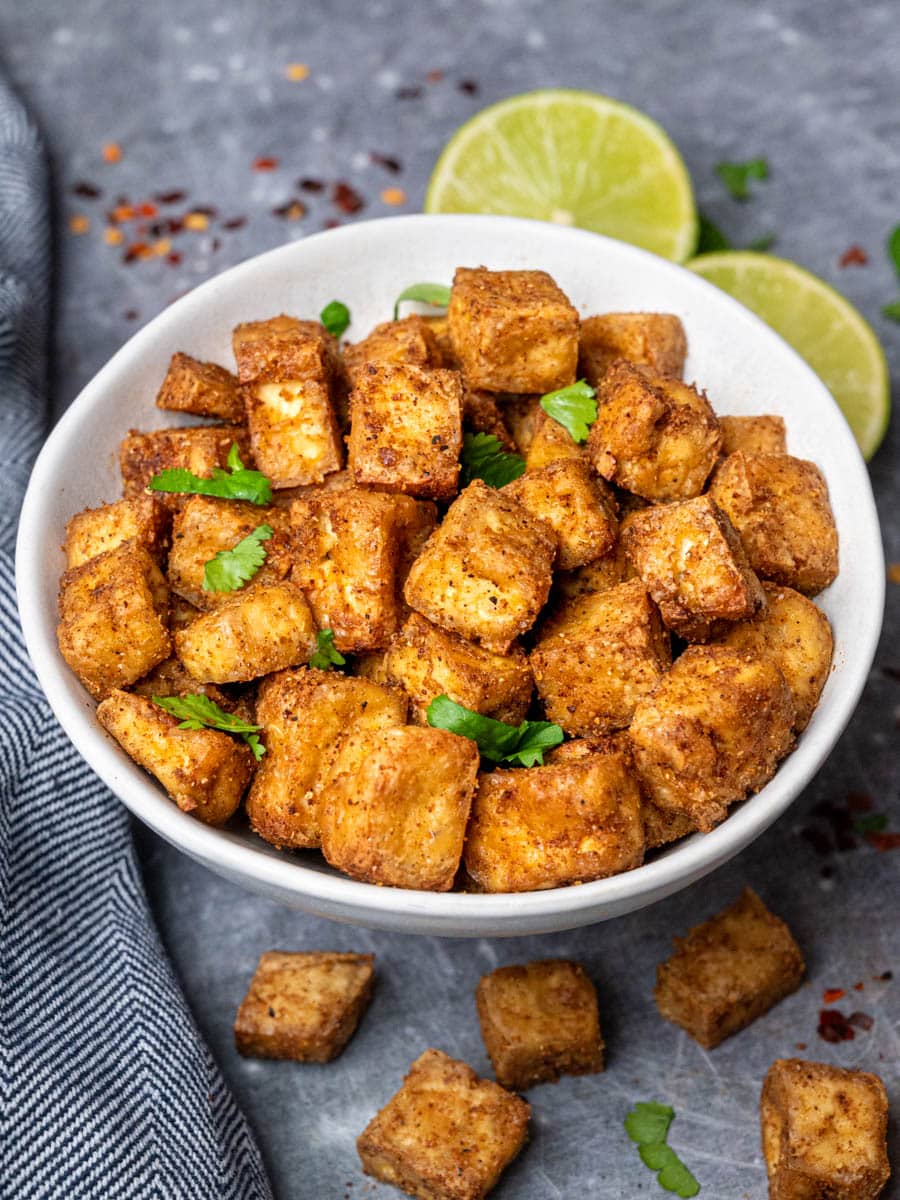 a bowl of air fryer tofu