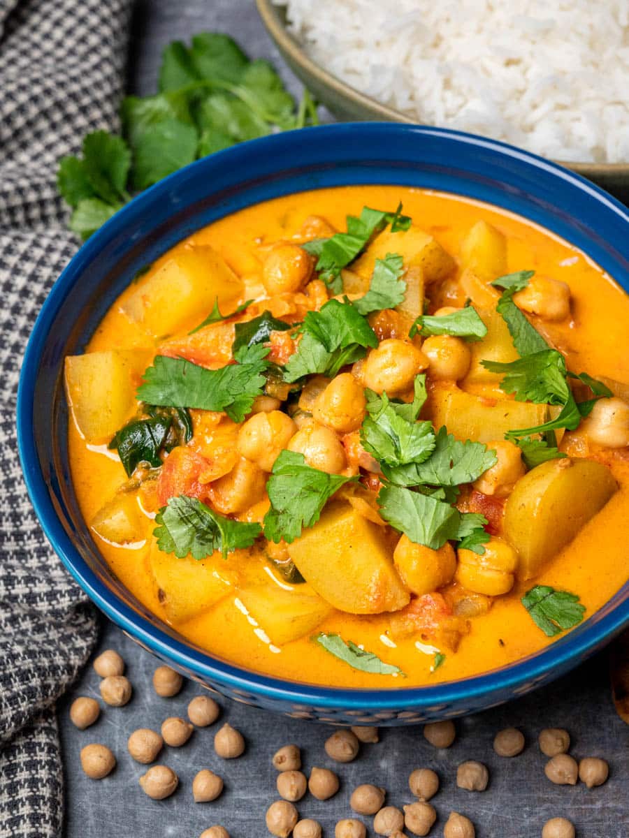a plate of chickpea and potato curry