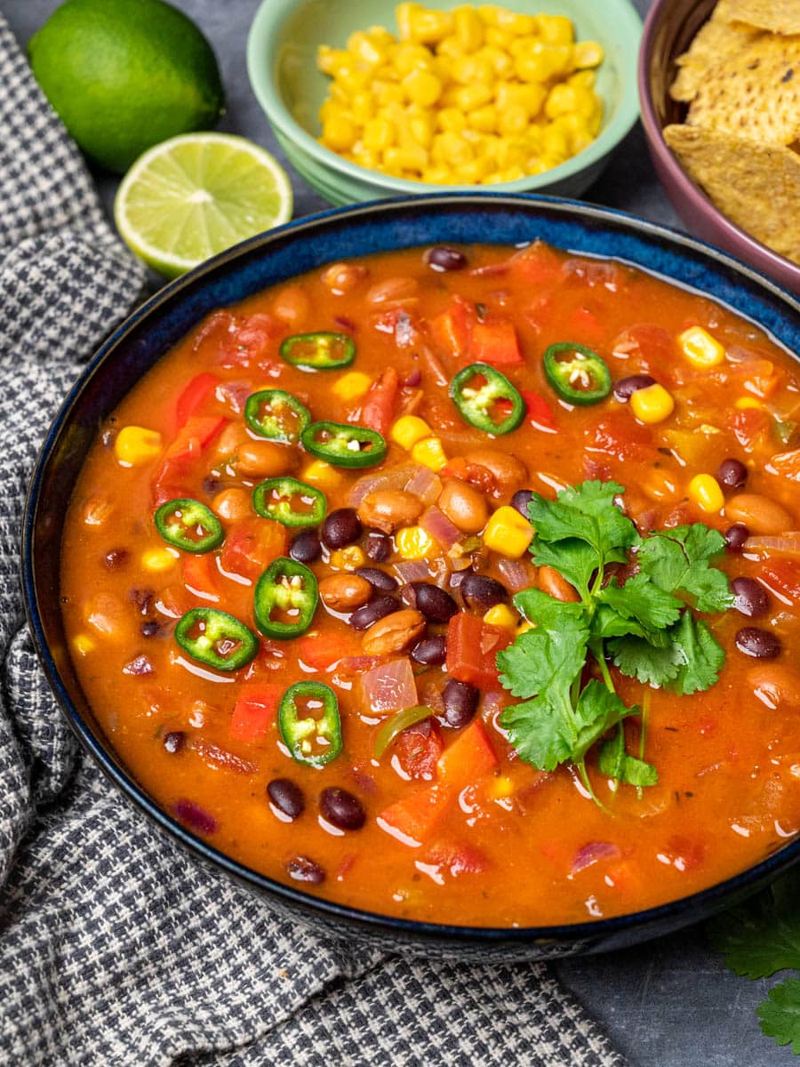a bowl of vegan enchilada soup