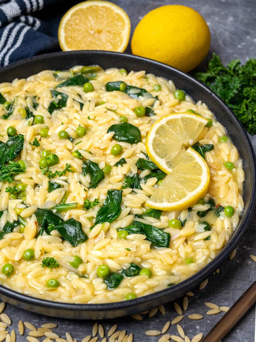 vegan lemon orzo with peas