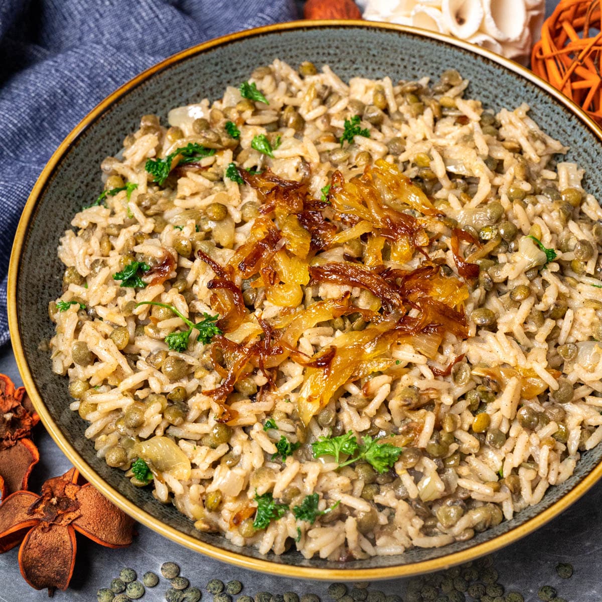 a plate of rice with lentils