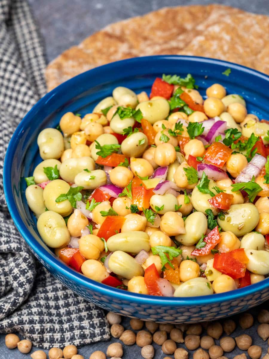 a bowl of fava bean chickpea salad