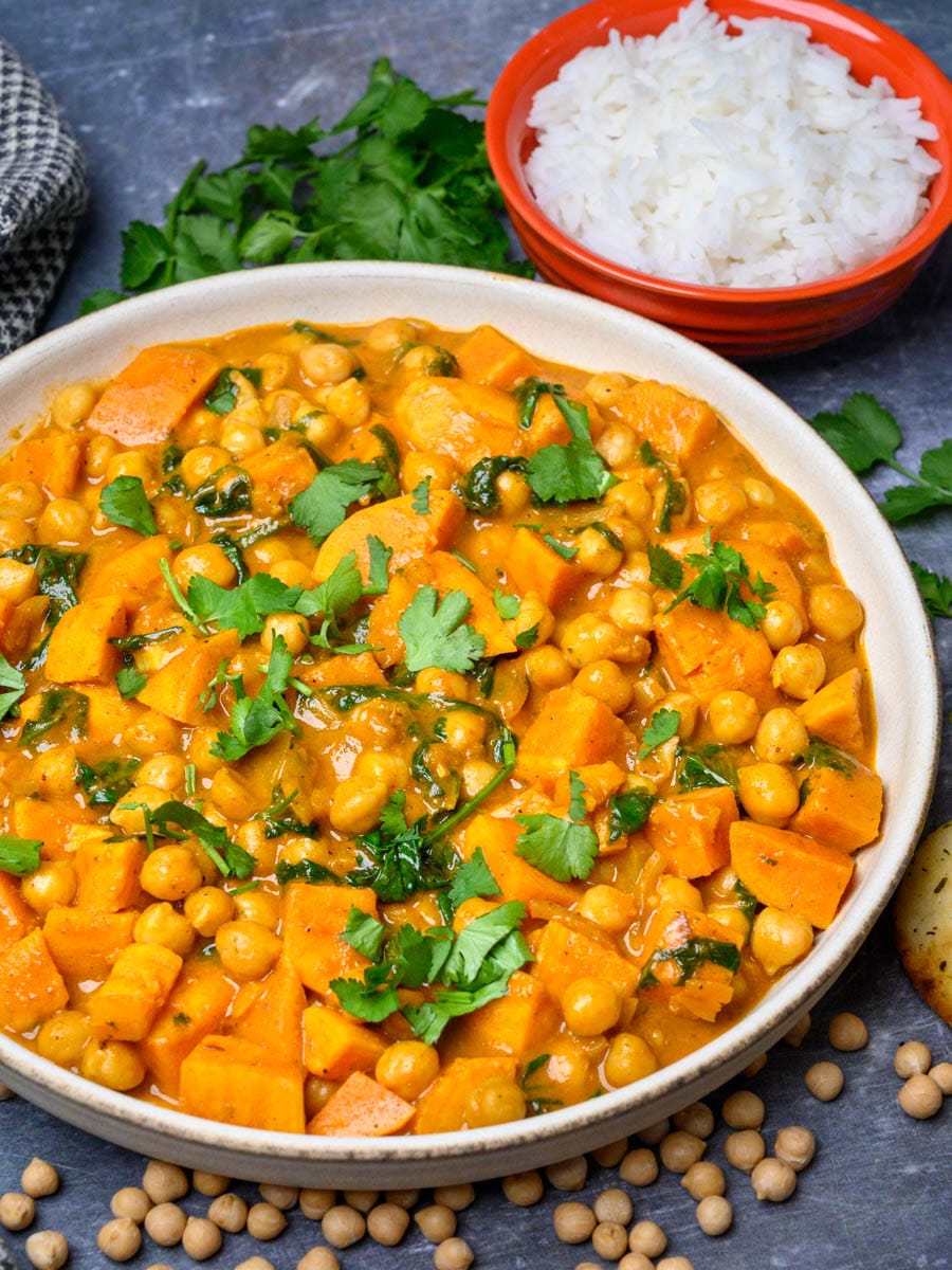 a plate of sweet potato and chickpea curry