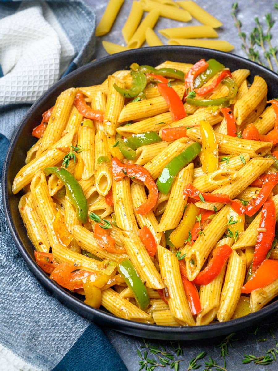 vegan rasta pasta with peppers