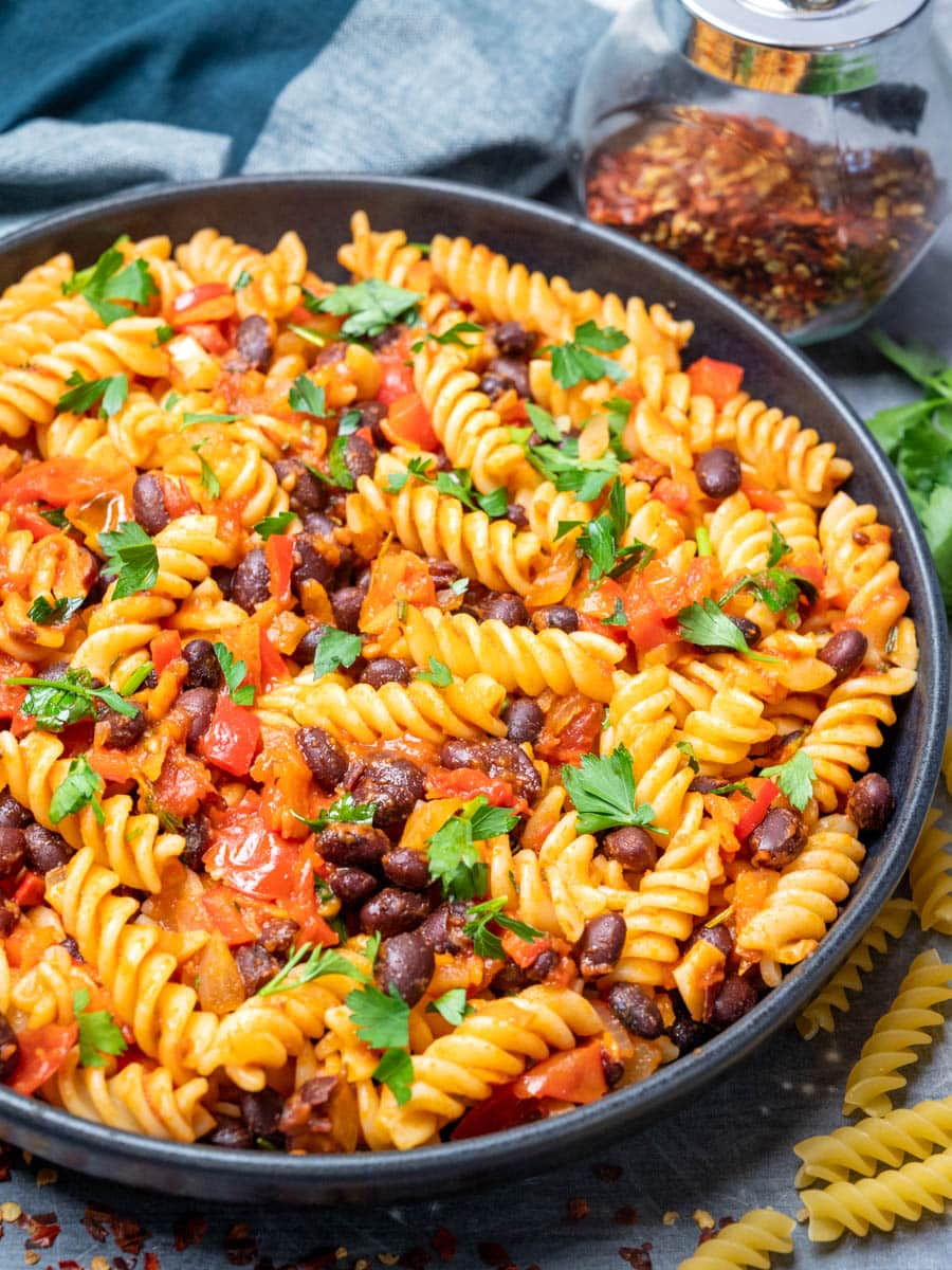 a plate of black bean pasta