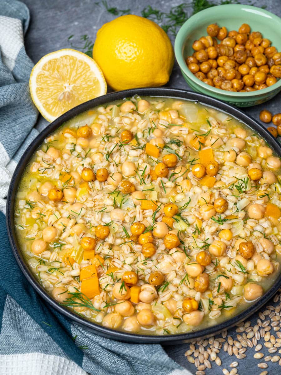 a plate of a chickpea and pearl barley stew