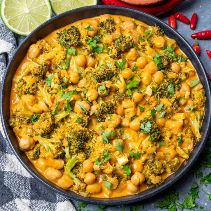 A bowl of broccoli chickpea curry