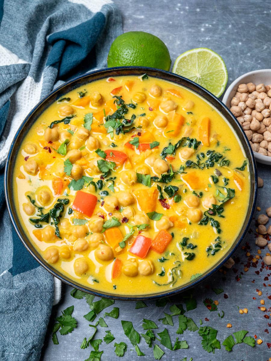 a bowl of a chickpea curry soup