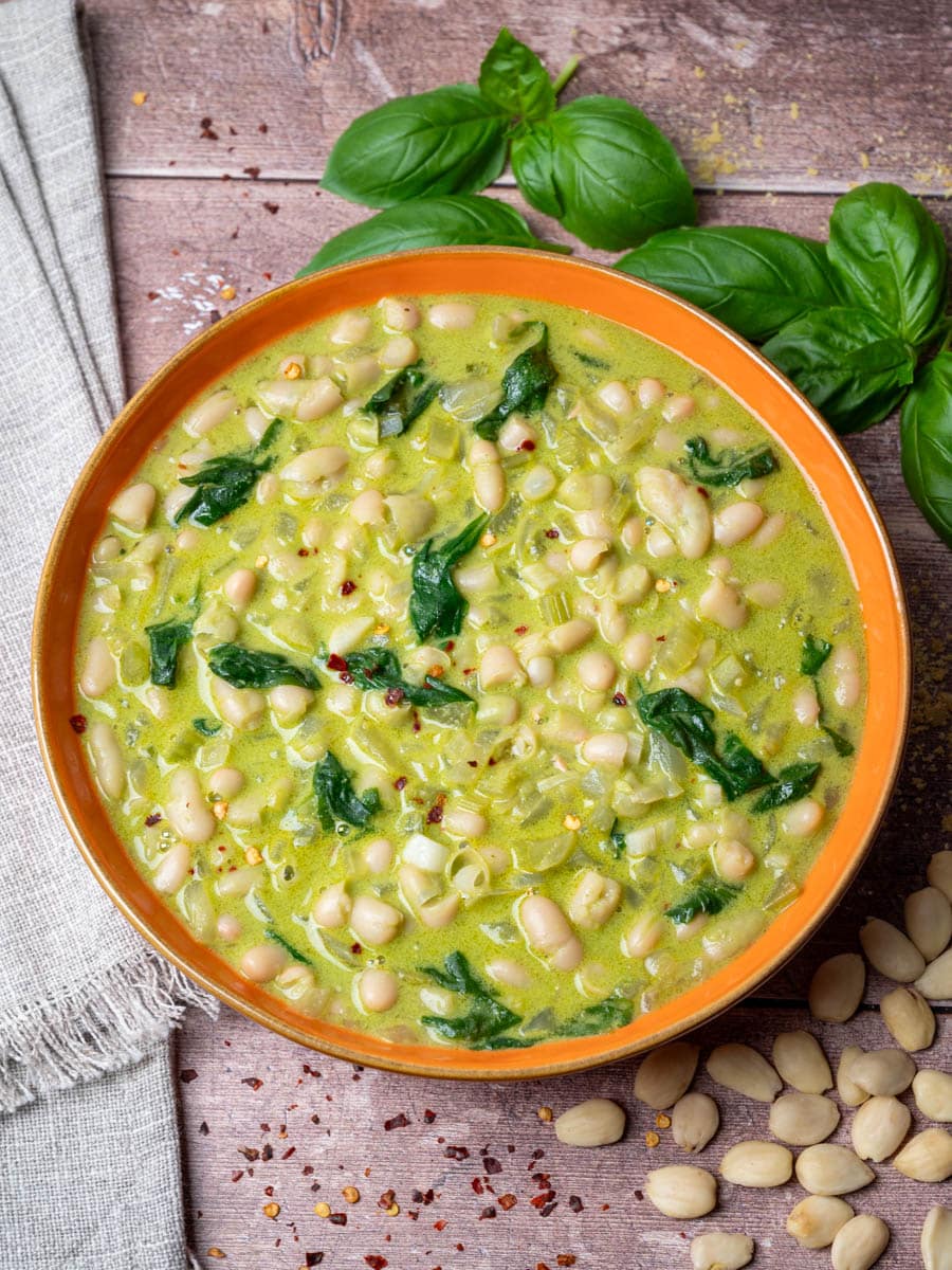 White Bean Pesto Soup with almonds on the side