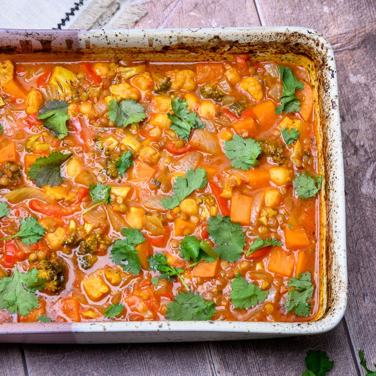 a tray with lentils, sweet potatoes and chickpeas